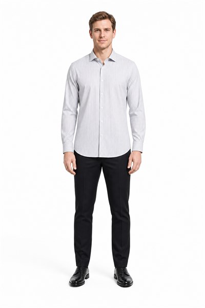 Beyaz Kol Çizgili Desen Bez Ayağı İtalyan Yaka Cepsiz Esnek Classic Slim Fit Gömlek 1004250201