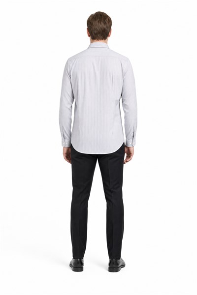 Beyaz Kol Çizgili Desen Bez Ayağı İtalyan Yaka Cepsiz Esnek Classic Slim Fit Gömlek 1004250201