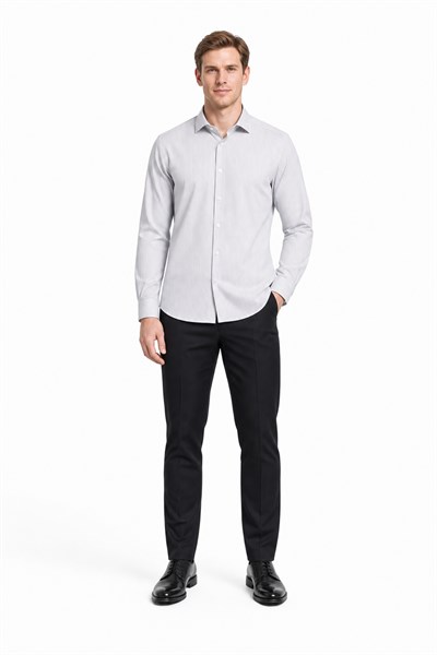 Beyaz Kol Çizgili Desen Bez Ayağı İtalyan Yaka Cepsiz Esnek Classic Slim Fit Gömlek 1004250201