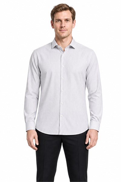 Beyaz Kol Çizgili Desen Bez Ayağı İtalyan Yaka Cepsiz Esnek Classic Slim Fit Gömlek 1004250201
