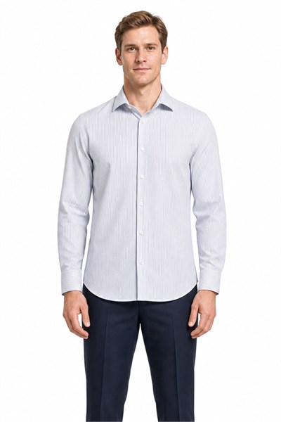 Beyaz Kol Çizgili Desen Bez Ayağı İtalyan Yaka Cepsiz Esnek Classic Slim Fit Gömlek 1004250201