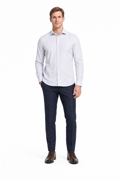 Beyaz Kol Çizgili Desen Bez Ayağı İtalyan Yaka Cepsiz Esnek Classic Slim Fit Gömlek 1004250201