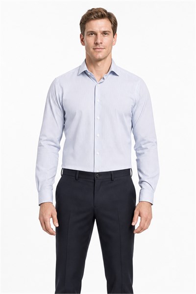 Beyaz Kol Çizgili Desen Bez Ayağı Sert Yaka Cepsiz Esnek Classic Slim Fit Gömlek 1004250158