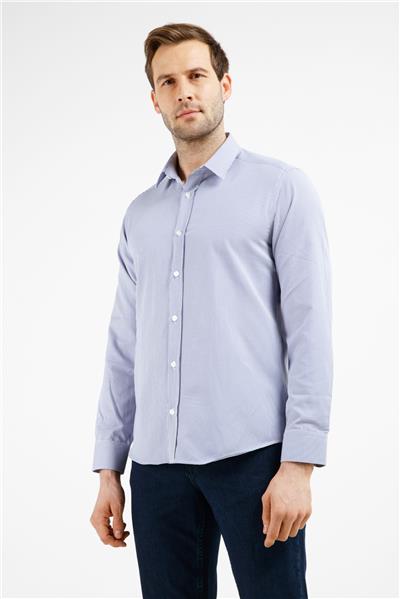 Mavi Çizgili Desen Sert Yaka Uzun Kol Cepsiz Slim Fit Pamuklu Gömlek 1004255282