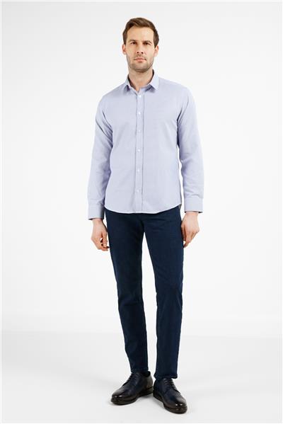Mavi Çizgili Desen Sert Yaka Uzun Kol Cepsiz Slim Fit Pamuklu Gömlek 1004255282