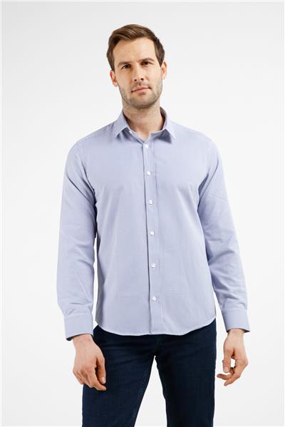 Mavi Çizgili Desen Sert Yaka Uzun Kol Cepsiz Slim Fit Pamuklu Gömlek 1004255282