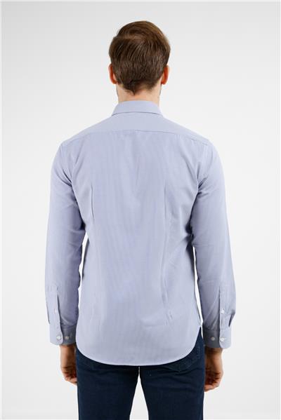 Mavi Çizgili Desen Sert Yaka Uzun Kol Cepsiz Slim Fit Pamuklu Gömlek 1004255282