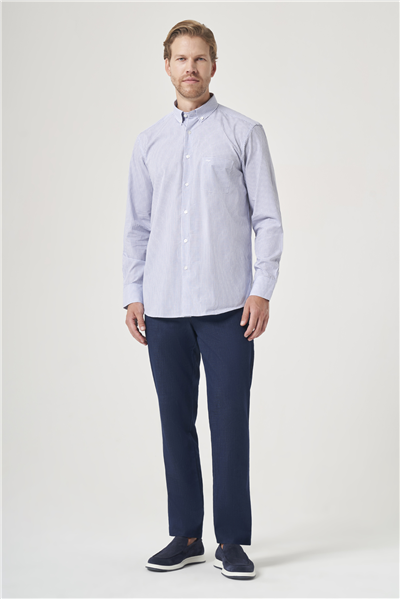 Beyaz-Lacivert Düğmeli Yaka Uzun Kol Cepli Kareli Desen Comfort Fit %100 Pamuk Gömlek 1004260225