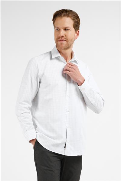 Beyaz-Lacivert Kareli Desen Sert Yaka Uzun Kol Cepli Comfort Fit Pamuklu Gömlek 1004255279
