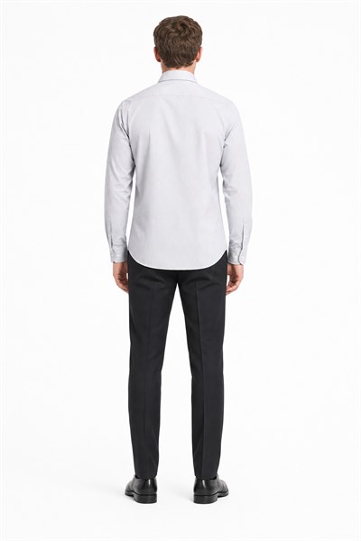 Beyaz-Lacivert Sert Yaka Çizgili Desen Uzun Kol Slim Fit Esnek Gömlek 1004255177