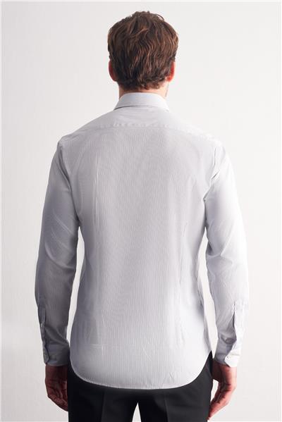 Beyaz-Lacivert Sert Yaka Çizgili Desen Uzun Kol Slim Fit Esnek Gömlek 1004255177