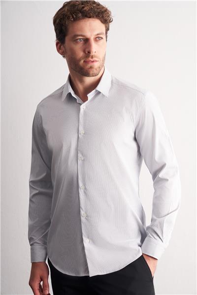 Beyaz-Lacivert Sert Yaka Çizgili Desen Uzun Kol Slim Fit Esnek Gömlek 1004255177