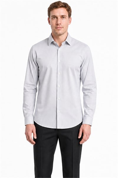 Beyaz-Lacivert Sert Yaka Çizgili Desen Uzun Kol Slim Fit Esnek Gömlek 1004255177