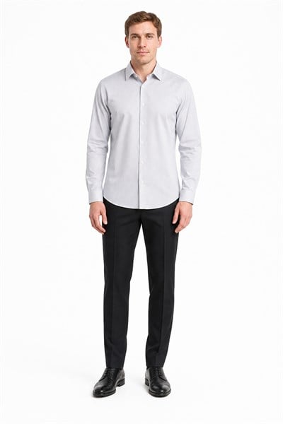 Beyaz-Lacivert Sert Yaka Çizgili Desen Uzun Kol Slim Fit Esnek Gömlek 1004255177