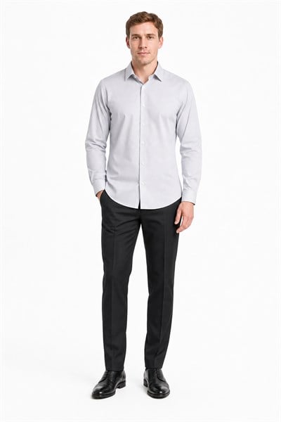 Beyaz-Lacivert Sert Yaka Çizgili Desen Uzun Kol Slim Fit Esnek Gömlek 1004255177