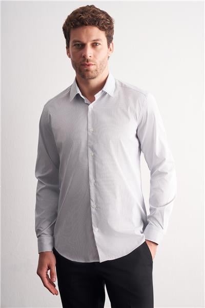 Beyaz-Lacivert Sert Yaka Çizgili Desen Uzun Kol Slim Fit Esnek Gömlek 1004255177