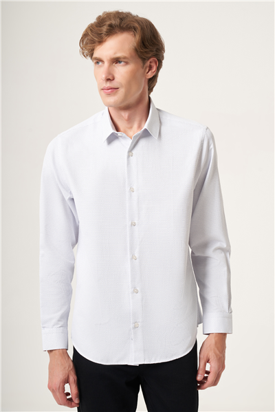 Beyaz-Lacivert Sert Yaka Slim Fit Pamuklu Gömlek 1004265123
