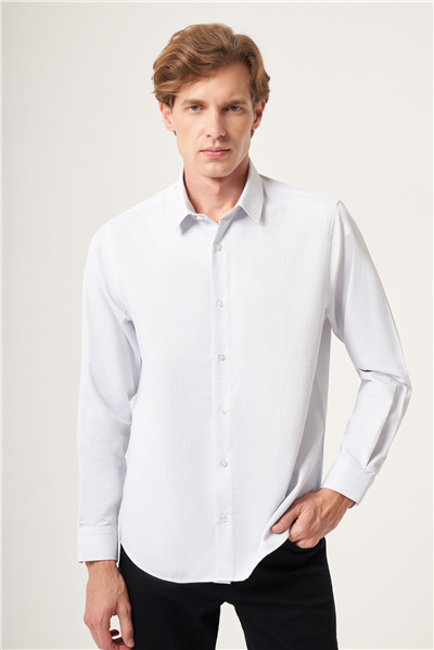 Beyaz-Lacivert Sert Yaka Slim Fit Pamuklu Gömlek 1004265123