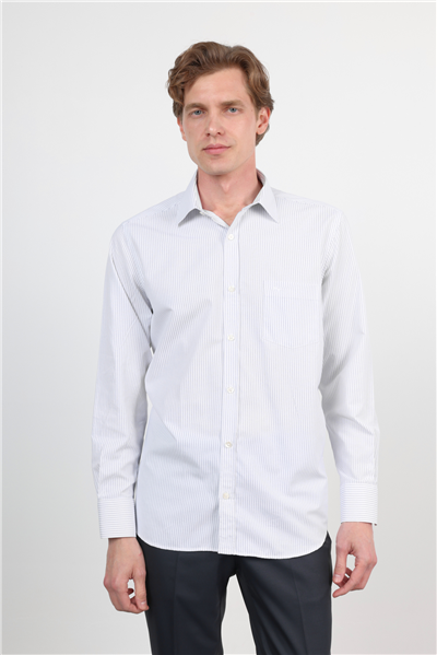 Beyaz-Lacivert Sert Yaka Uzun Kol Cepli Comfort Fit Pamuklu Gömlek 1004260222