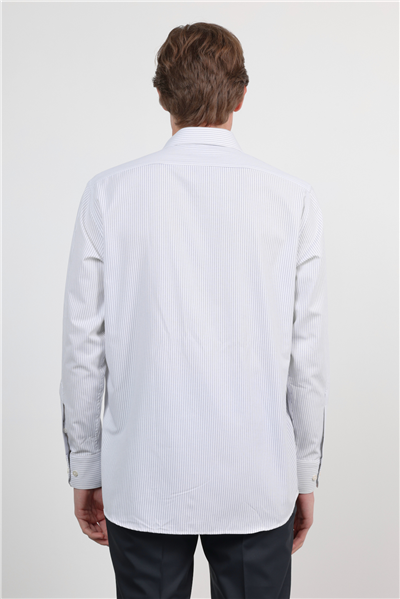 Beyaz-Lacivert Sert Yaka Uzun Kol Cepli Comfort Fit Pamuklu Gömlek 1004260222