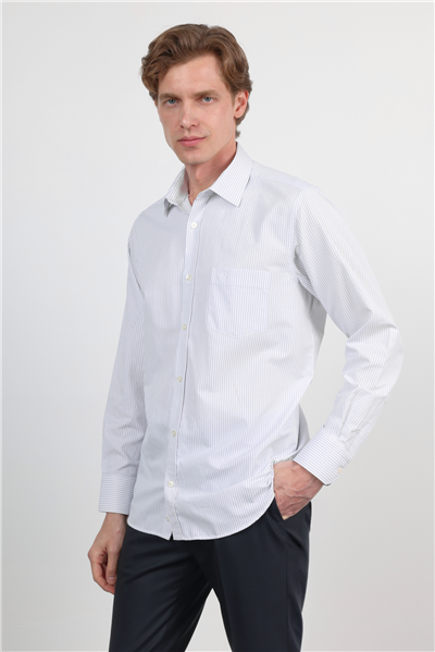 Beyaz-Lacivert Sert Yaka Uzun Kol Cepli Comfort Fit Pamuklu Gömlek 1004260222