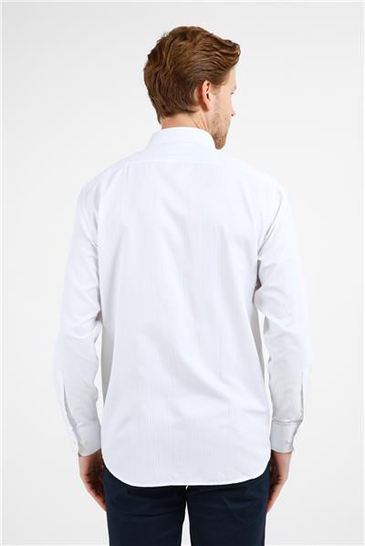 Beyaz-Lila Çizgili Desen Sert Yaka Uzun Kol Cepli Comfort Fit Pamuklu Gömlek 1004255274