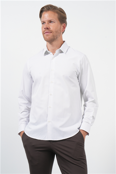 Beyaz-Lila Sert Yaka Uzun Kol Cepsiz Slim Fit Pamuklu Gömlek 1004260210
