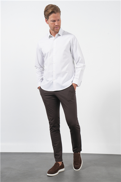 Beyaz-Lila Sert Yaka Uzun Kol Cepsiz Slim Fit Pamuklu Gömlek 1004260210