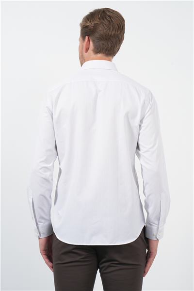 Beyaz-Lila Sert Yaka Uzun Kol Cepsiz Slim Fit Pamuklu Gömlek 1004260210