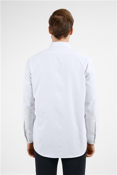 Beyaz-Mavi Çizgili Desen Sert Yaka Uzun Kol Cepli Comfort Fit Pamuklu Gömlek 1004255278