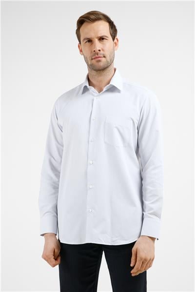 Beyaz-Mavi Çizgili Desen Sert Yaka Uzun Kol Cepli Comfort Fit Pamuklu Gömlek 1004255278