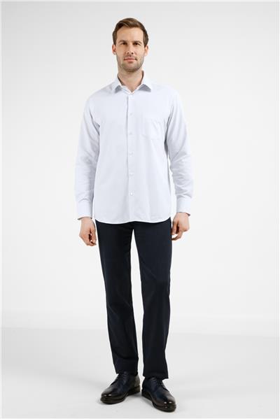 Beyaz-Mavi Çizgili Desen Sert Yaka Uzun Kol Cepli Comfort Fit Pamuklu Gömlek 1004255278