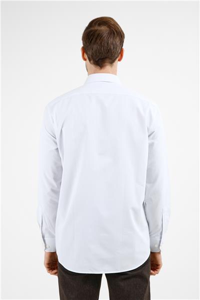 Beyaz-Mavi Çizgili Desen Sert Yaka Uzun Kol Cepli Comfort Fit Pamuklu Gömlek 1004255278