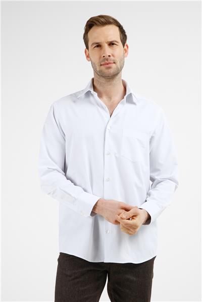 Beyaz-Mavi Çizgili Desen Sert Yaka Uzun Kol Cepli Comfort Fit Pamuklu Gömlek 1004255278