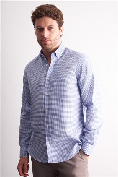 Beyaz - Mavi Düğmeli Yaka Kareli Desen Uzun Kol Premium Slim Fit %100 Pamuk Gömlek 1004255186
