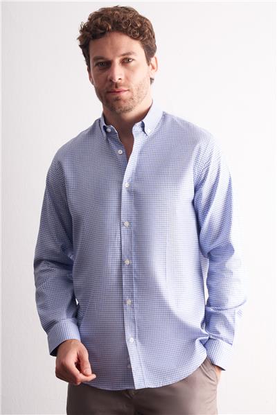 Beyaz - Mavi Düğmeli Yaka Kareli Desen Uzun Kol Premium Slim Fit %100 Pamuk Gömlek 1004255186