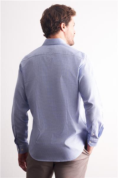 Beyaz - Mavi Düğmeli Yaka Kareli Desen Uzun Kol Premium Slim Fit %100 Pamuk Gömlek 1004255186