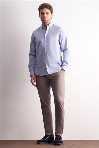 Beyaz - Mavi Düğmeli Yaka Kareli Desen Uzun Kol Premium Slim Fit %100 Pamuk Gömlek 1004255186