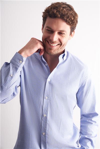 Beyaz - Mavi Düğmeli Yaka Kareli Desen Uzun Kol Premium Slim Fit %100 Pamuk Gömlek 1004255186
