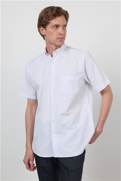 Beyaz-Mavi Düğmeli Yaka Kısa Kol Cepli Comfort Fit Pamuklu Gömlek 1004260183