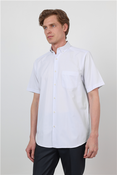 Beyaz-Mavi Düğmeli Yaka Kısa Kol Cepli Comfort Fit Pamuklu Gömlek 1004260183