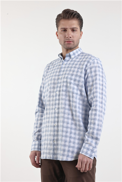 Beyaz-Mavi Düğmeli Yaka Uzun Kol Cepli Comfort Fit Pamuklu Gömlek 1004260178
