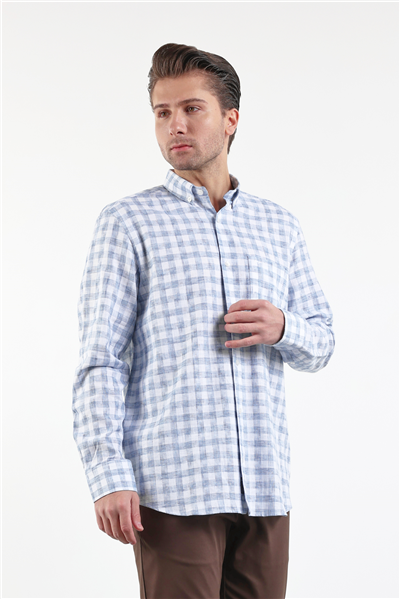 Beyaz-Mavi Düğmeli Yaka Uzun Kol Cepli Comfort Fit Pamuklu Gömlek 1004260178