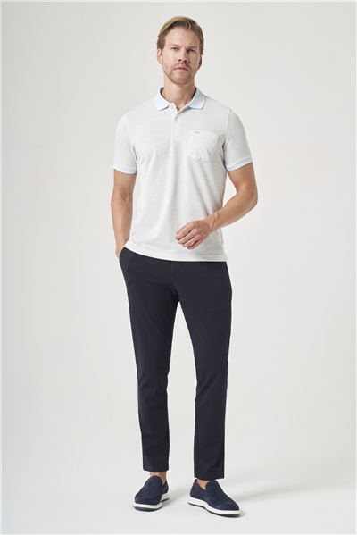 Beyaz-Mavi Örme Polo Yaka Kısa Kol Cepli Comfort Fit Pamuklu Tişört 1011260161