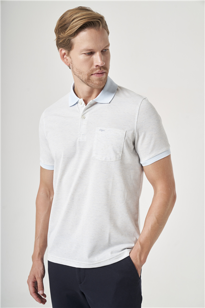 Beyaz-Mavi Örme Polo Yaka Kısa Kol Cepli Comfort Fit Pamuklu Tişört 1011260161