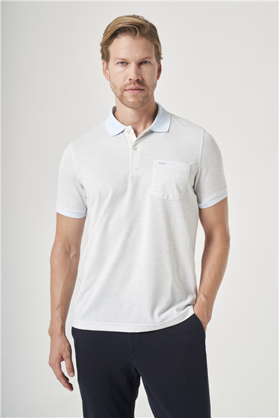 Beyaz-Mavi Örme Polo Yaka Kısa Kol Cepli Comfort Fit Pamuklu Tişört 1011260161