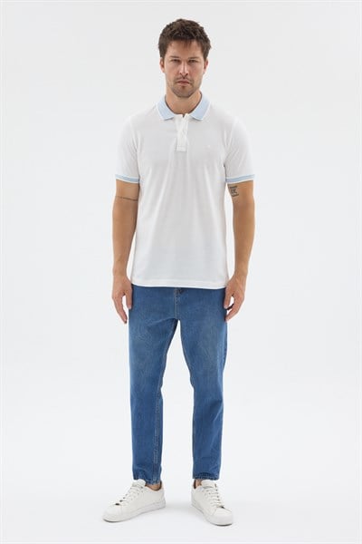 Beyaz-Mavi Polo Yaka Pike Kısa Kol Slim Fit %100 Pamuk Tişört 1011260171