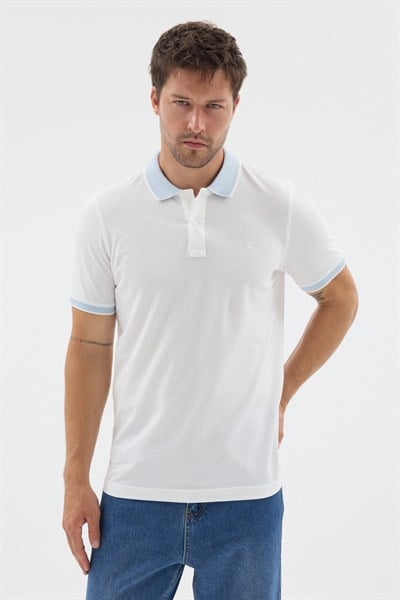 Beyaz-Mavi Polo Yaka Pike Kısa Kol Slim Fit %100 Pamuk Tişört 1011260171