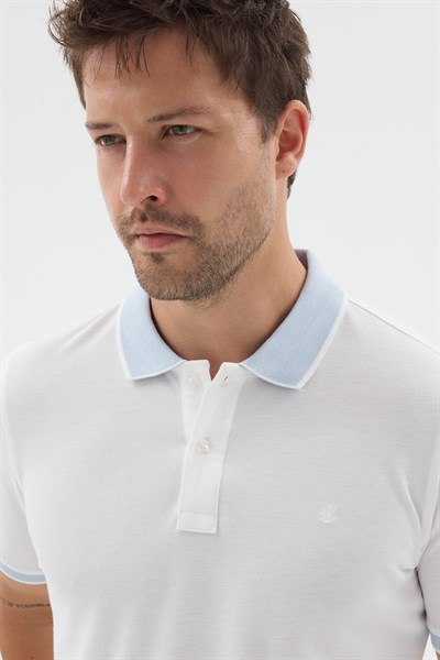 Beyaz-Mavi Polo Yaka Pike Kısa Kol Slim Fit %100 Pamuk Tişört 1011260171
