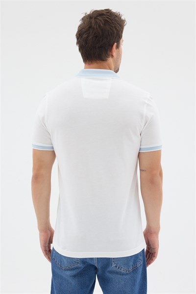 Beyaz-Mavi Polo Yaka Pike Kısa Kol Slim Fit %100 Pamuk Tişört 1011260171